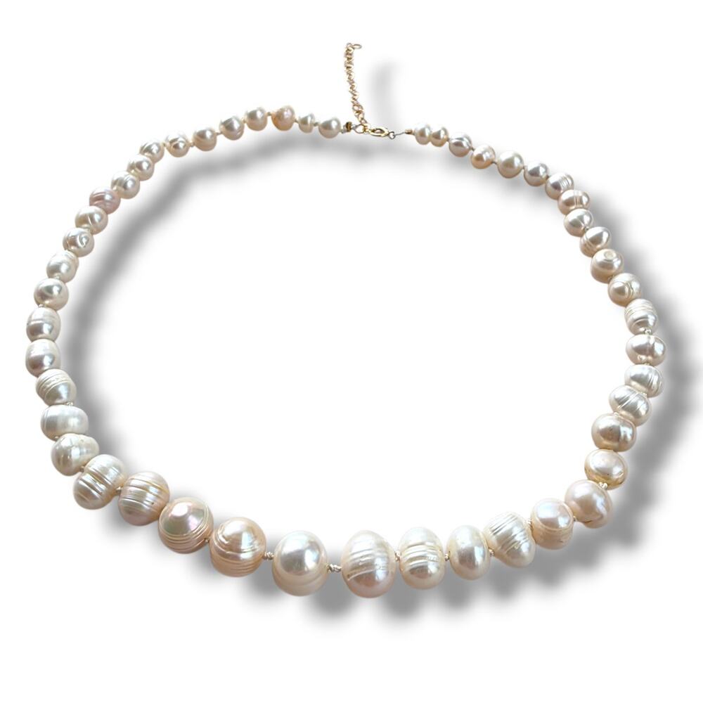 Huge Pearl Necklace Classic Large‎ Genuine Pearls 14K Yellow Gold Filled Stamped
